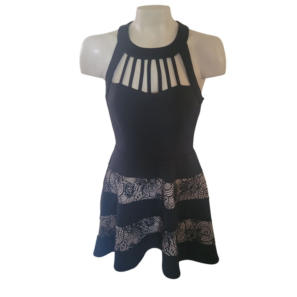 TRIXXI Black & Nude Sleeveless Skater Dress Cutout Halter Neckline Lace Party‎